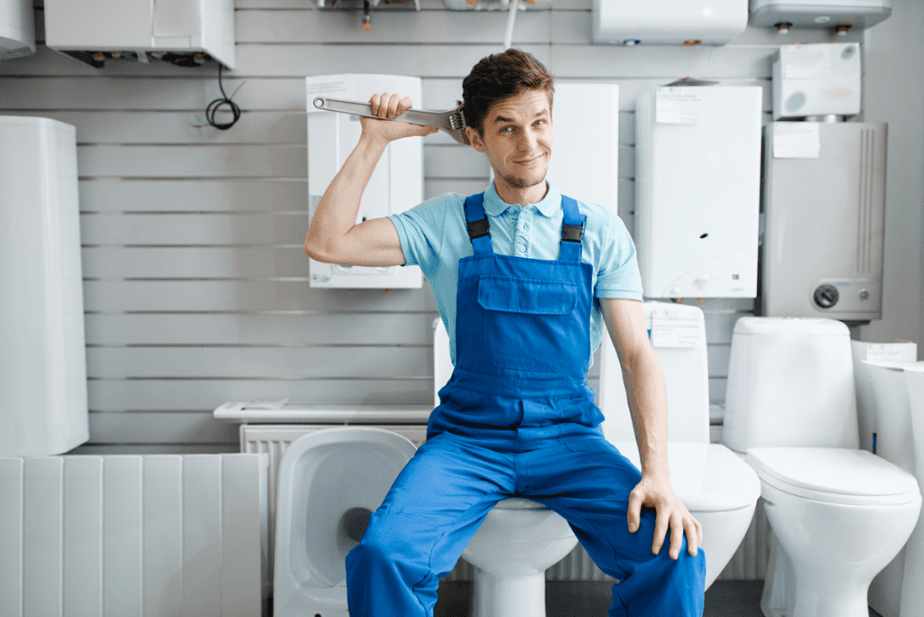 plumber sitting on toilet in plumbering-store plumbing marketing concept